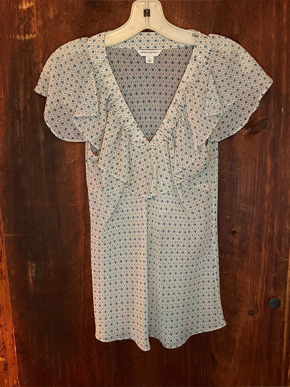 Banana Republic Blue and White Geometric Ruffle V-Neck Mini Dress